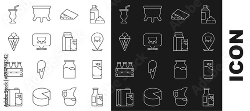 Set line Bottle milk and glass, Glass with, Udder, Cheese, Ice cream in waffle cone, Milkshake and Paper package for kefir icon. Vector