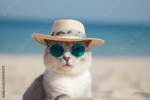 Funny cat in a hat and sunglasses sits on the sand on the beach on a sunny summer day. Recreation and vacation concept. Generative AI.