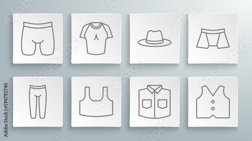 Set line Leggings, T-shirt, Undershirt, Shirt, Waistcoat, Man hat, Men underpants and Cycling shorts icon. Vector