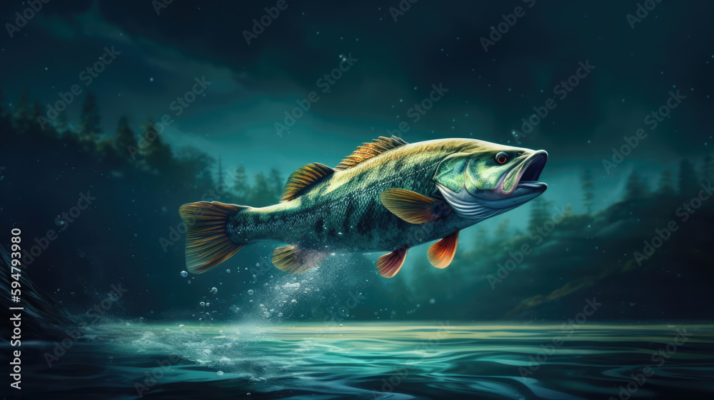 Bass Leaping out of Water created with Generative AI Technology, ai, generative Bass Leaping out of Water created with Generative AI Technology, ai, generative