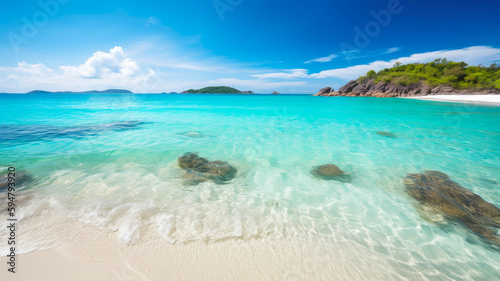 Tropical White Sandy Beach and Turquoise Ocean Lanscape under Blue Sky and White Clouds. AI generative