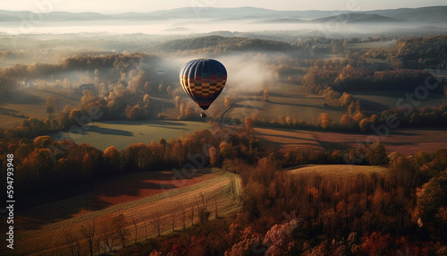 A hot air balloon flies over mountain range generated by AI