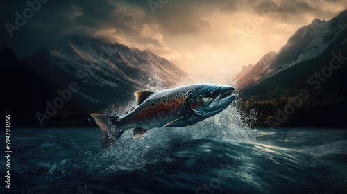 Salmon Jumping created with Generative AI Technology, ai, generative © Wildcat93