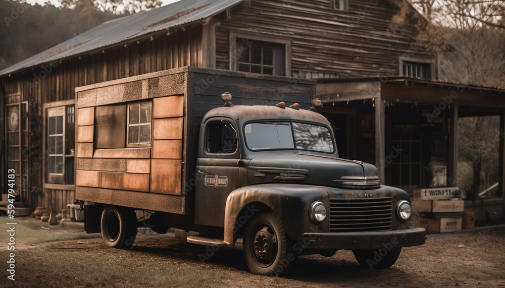 Vintage pick up truck delivering to rustic farm generated by AI