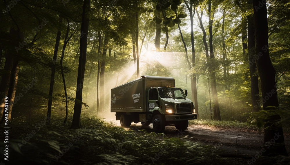 Blurred trucks carrying cargo through forest wilderness generated by AI Blurred trucks carrying cargo through forest wilderness generated by AI