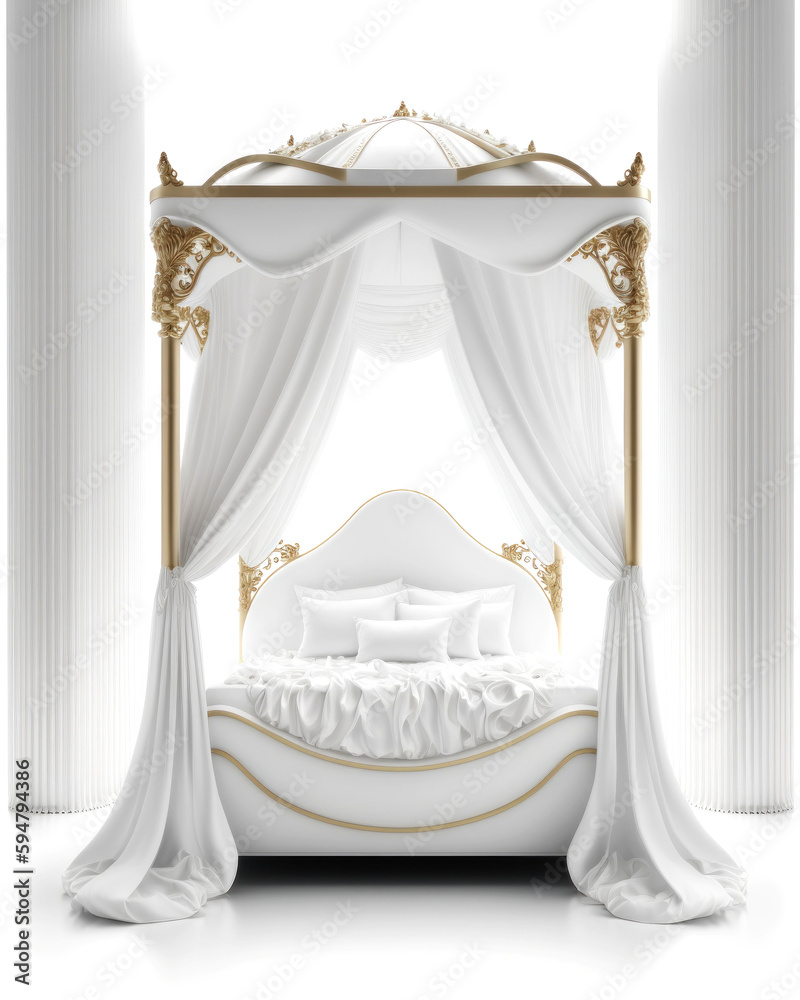 Elegant bedroom with a luxurious white canopy bed, with Gold Details , and intricate designs, offering tranquility, comfort, and sophisticated relaxation. Generative AI Elegant bedroom with a luxurious white canopy bed, with Gold Details , and intricate designs, offering tranquility, comfort, and sophisticated relaxation. Generative AI