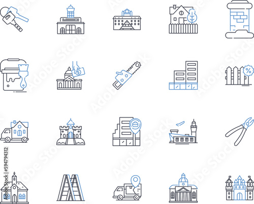 Construction technology line icons collection. Cranes, Excavators, Skyscrapers, Demolition, Scaffolding, Robotics, Drs vector and linear illustration. Prefabrication,Pile-driving,Concrete outline