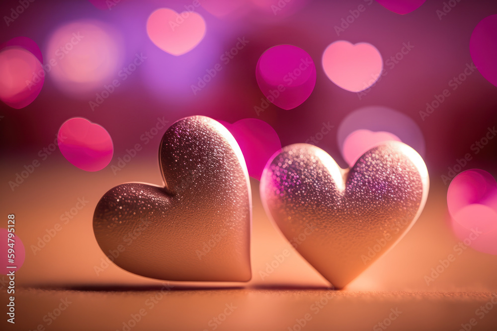 Two adorable hearts, in pink and red, stand out beautifully against a blurry bokeh background of pink hues. This image exudes love and warmth. . Generative AI