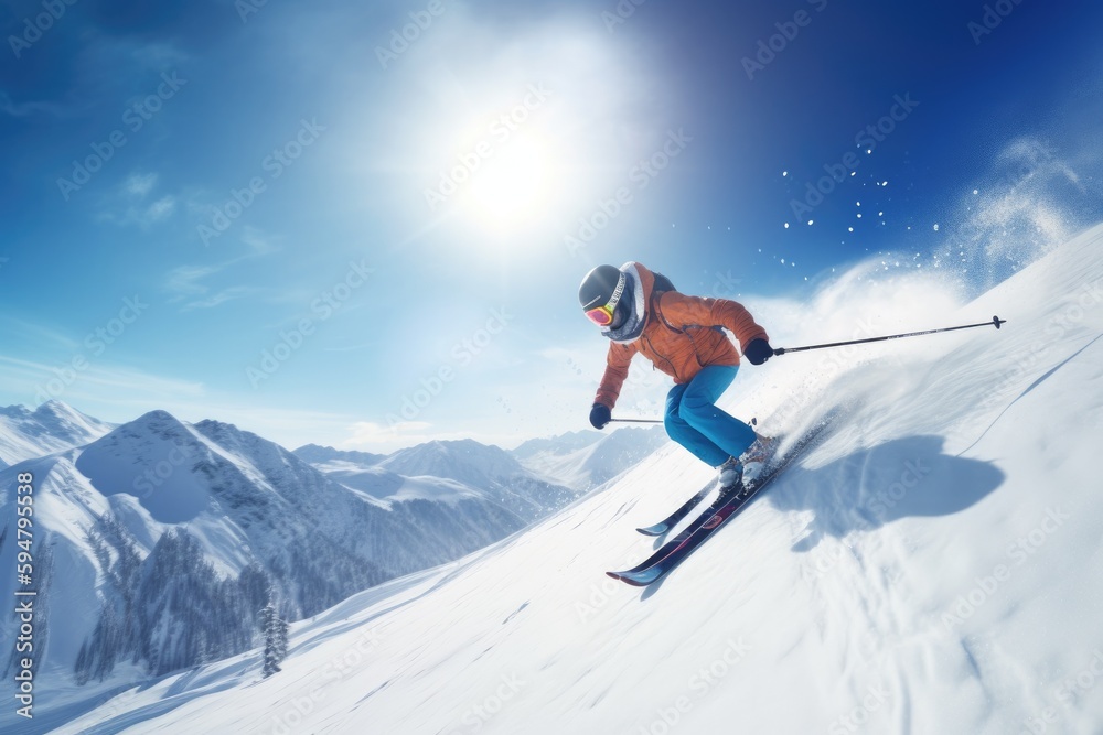 A professional skier in full skiing gear descends down a snowy mountain Generative AI