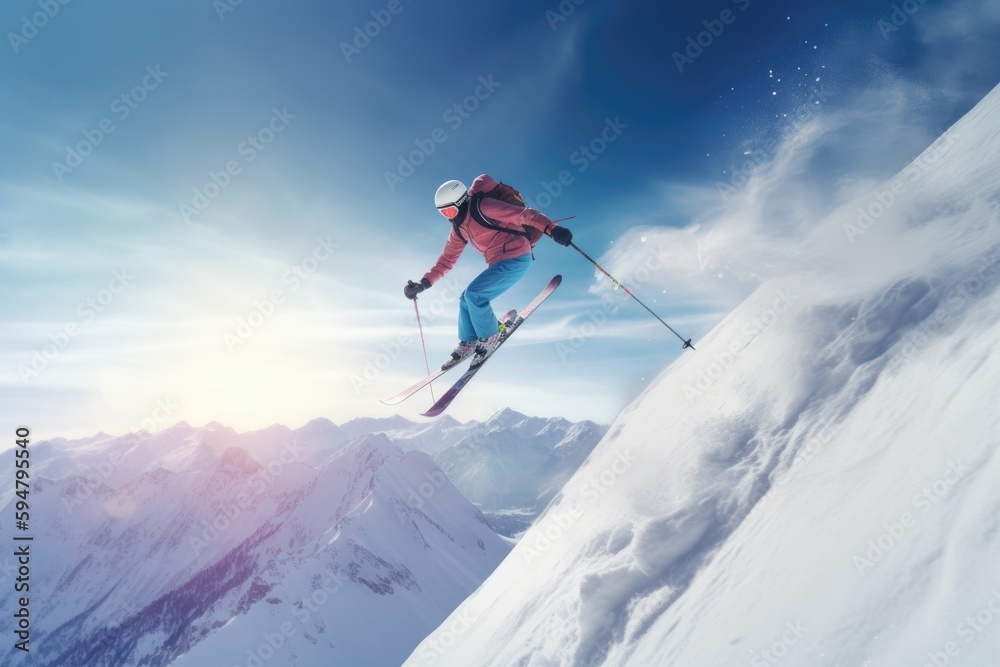 A professional skier in full skiing gear descends down a snowy mountain Generative AI
