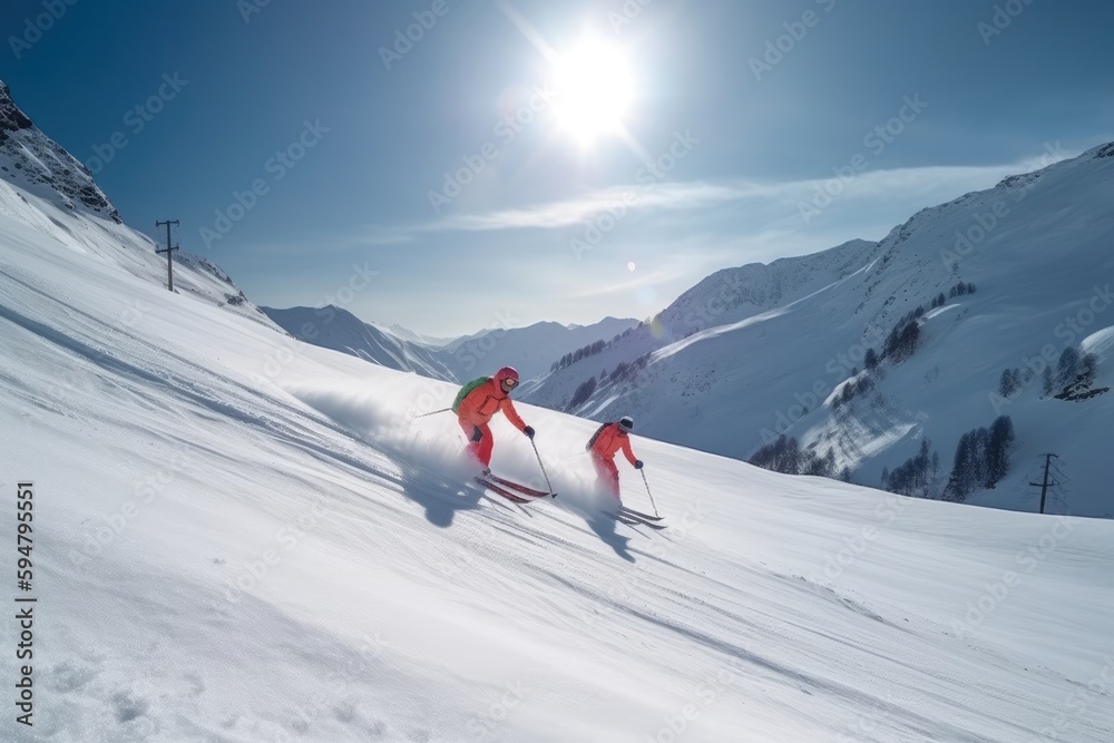 A professional skier in full skiing gear descends down a snowy mountain Generative AI