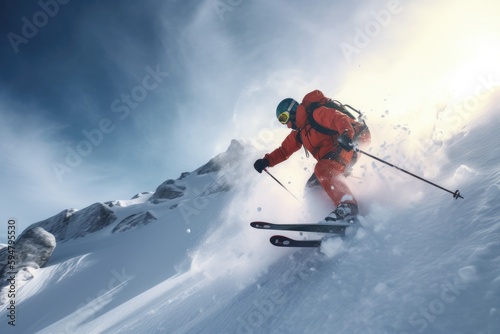 A professional skier in full skiing gear descends down a snowy mountain Generative AI