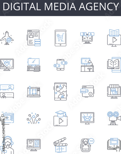 Digital media agency line icons collection. Creative studio, Marketing firm, Design agency, Advertising company, Branding agency, Communications firm, Public relations vector and linear illustration