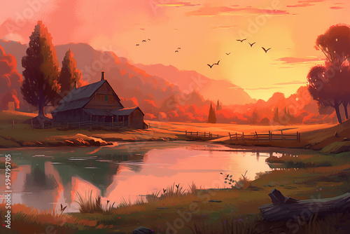 Beautiful view of a old simple cabin or house with a river nearby a meadow and hills at sunset. Beautiful serene rustic landscape illustration. Ai generated