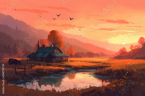 Beautiful view of a old simple cabin or house with a river nearby a meadow and hills at sunset. Beautiful serene rustic landscape illustration. Ai generated