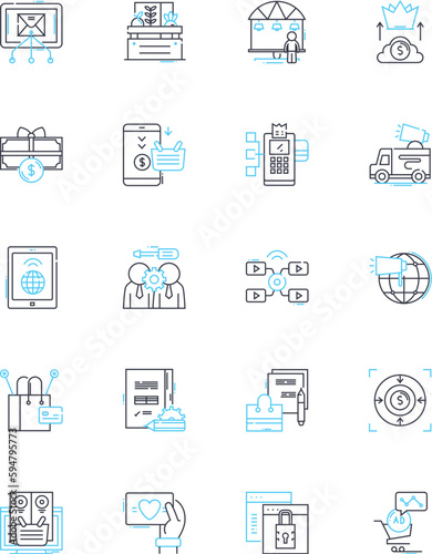 Mall browsing linear icons set. Shopping, Window-shopping, Retail, Boutiques, Sales, Discounts, Fashion line vector and concept signs. Accessories,Apparel,Shoes outline illustrations