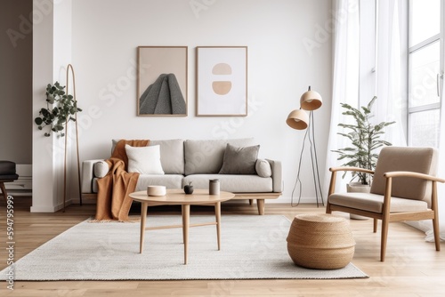 Stylish Living Room Interior with Beautiful Wall Art Mockups, Generative AI