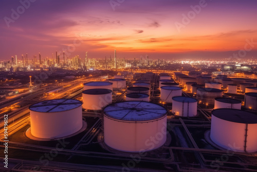 Oil​ refinery​ with oil storage tank with price graph and petrochemical​ plant industrial background at twilight, Aerial view oil and gas refinery at twilight