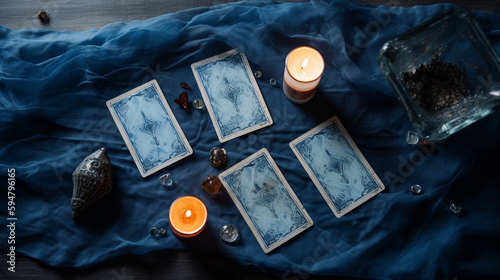 Blue Tarot and Oracle Card Backs on Vivid Blue Backgrounds in a FlatLay Spread with Healing Crystals, Stones, and Candles for a Reading and Divination - Generative AI