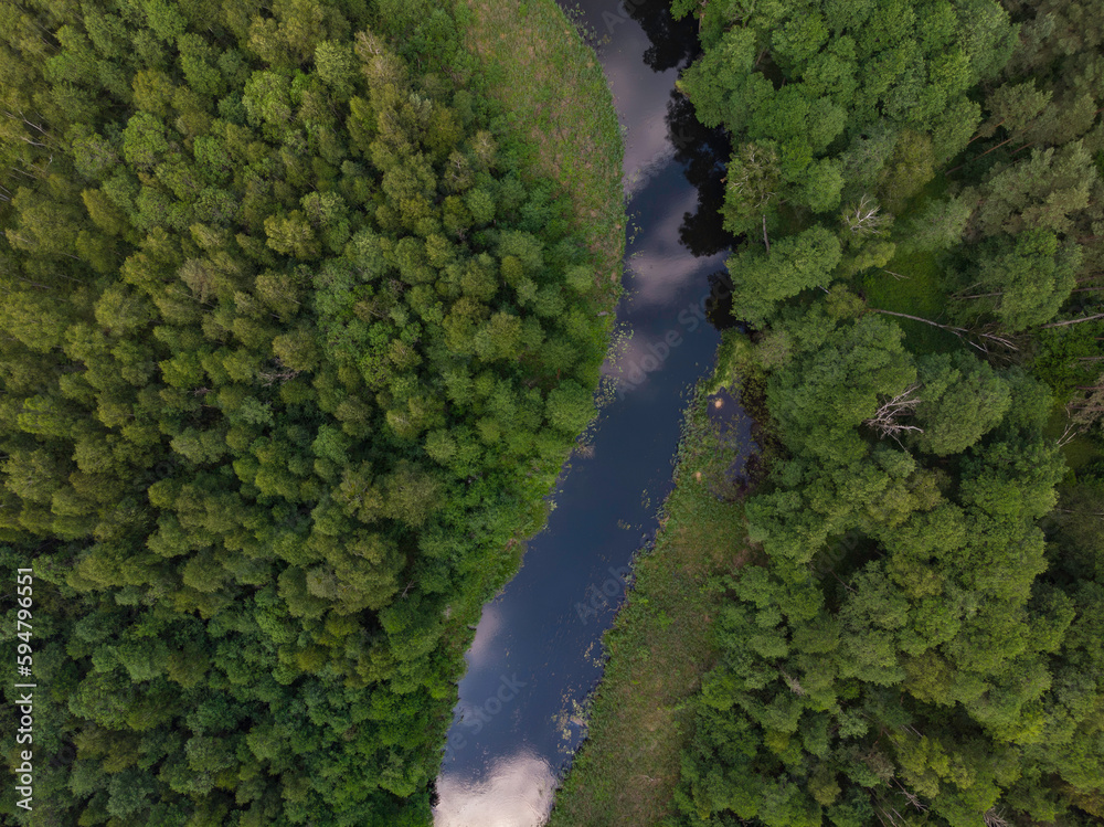 Aerial view of a small meandering river in a beautiful rural landscape