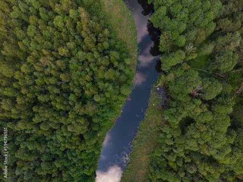 Aerial view of a small meandering river in a beautiful rural landscape