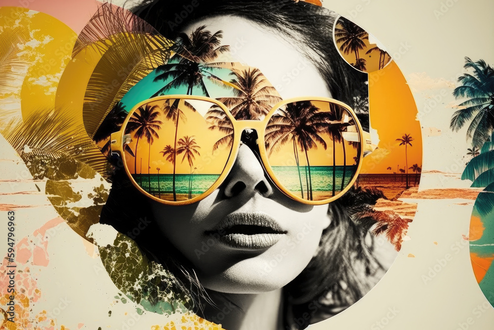 Naklejka premium Young woman wearing big sunglasses. Creative 60s retro summer background. Generative AI