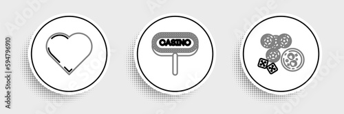 Set line Casino chips, game dice and glass of whiskey with ice cubes, Playing card heart symbol and signboard icon. Vector