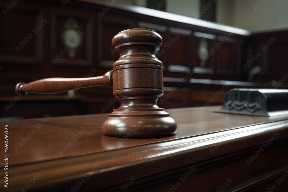 A gavel sits on a desk in an empty courtroom Generative AI A gavel sits on a desk in an empty courtroom Generative AI