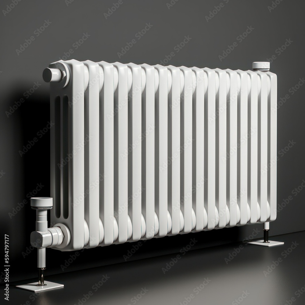 White radiator with temperature control valve. Central heating battery with a large number of sections.Generative AI White radiator with temperature control valve. Central heating battery with a large number of sections.Generative AI