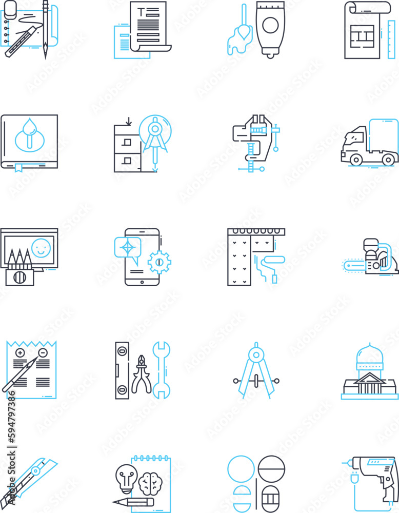 Planning linear icons set. Forecasting, Scheduling, Strategizing, Organizing, Prioritizing, Preparing, Arranging line vector and concept signs. Mapping,Designing,Charting outline illustrations
