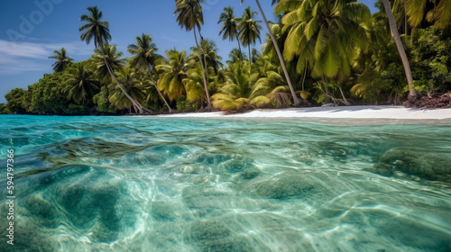 Sonniger Strand mit t  rkisem Meer und gr  nen Palmen und blauem Himmel. 