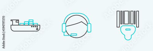 Set line Scanner scanning bar code, Cargo ship with boxes delivery service and Support operator touch icon. Vector