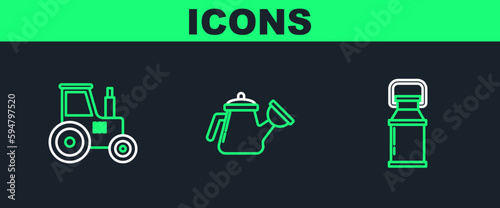 Set line Can container for milk, Tractor and Watering can icon. Vector