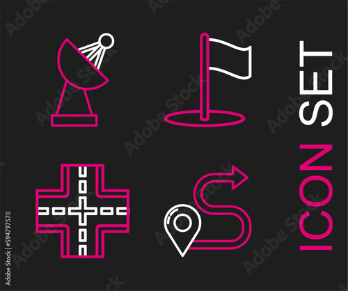 Set line Route location, Road traffic sign, Flag and Radar icon. Vector