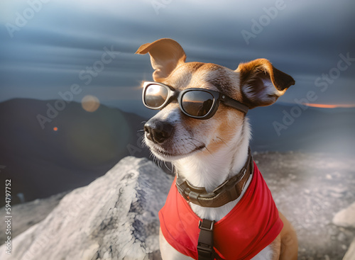 Adorable pet dog with eyeglasses on top of mountain. Adventure trip. © ZayNyi