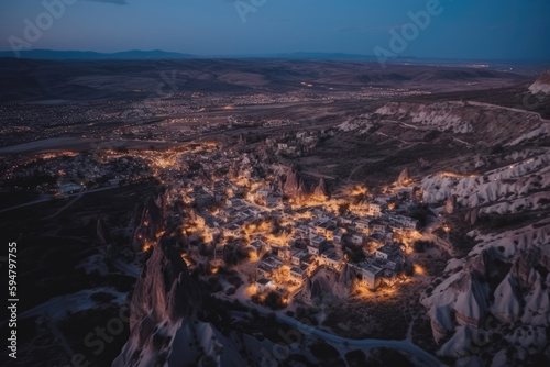 Goreme City at twilight, Famous tourist center of balloon fligths in Cappadocia, Turkiye, Aerial view twilight Goreme City from the mountain, Night view of Goreme, Cappadocia, Turkey