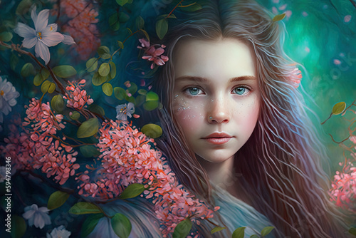 a illustration of a girl surrounded by flowers Generative AI