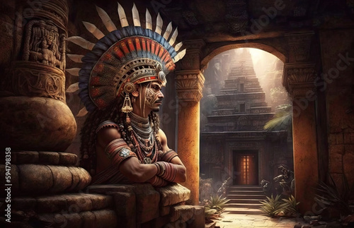 a illustration of a native american indian sitting in a doorway Generative AI