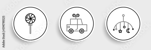 Set line Baby crib hanging toys, Lollipop and Toy car icon. Vector
