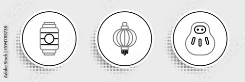 Set line Maneki neko cat, Japanese paper lantern and icon. Vector