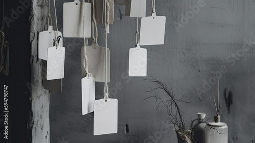 A row of white blacnk tags hanging on an old grey wall, generative ai illustration © NAITZTOYA