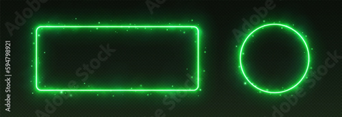 Green neon frames with smoke and sparkles. Circle and rectangle glowing borders for game UI. Vector illustration.