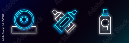 Set line Mouthwash plastic bottle, Otolaryngological head reflector and Crossed tube of toothpaste icon. Glowing neon. Vector