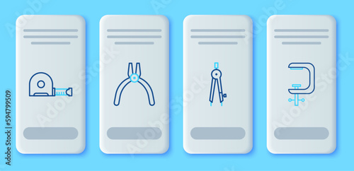 Set line Pliers tool, Drawing compass, Roulette construction and Clamp and screw icon. Vector