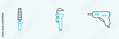 Set line Electric hot glue gun, Chisel tool for wood and Calliper caliper and scale icon. Vector