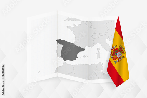 A grayscale map of Spain with a hanging Spanish flag on one side. Vector map for many types of news.