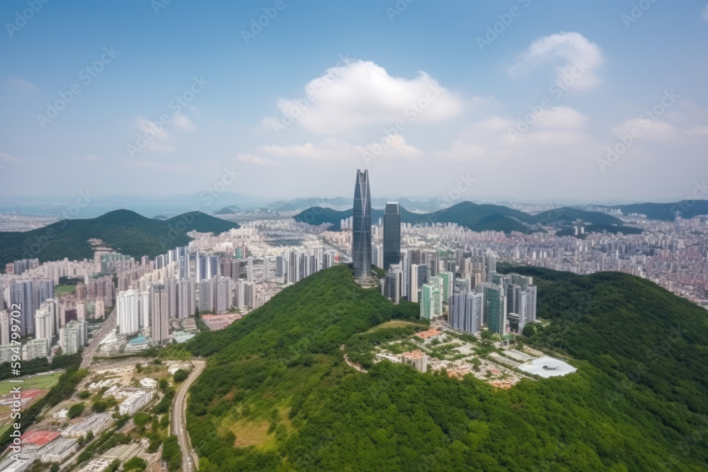 Fototapeta premium Aerial view busan city skyline and skyscraper with busan tower, Yongdusan Park, Busan, South Korea