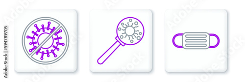 Set line Medical protective mask, Stop virus and Virus under magnifying glass icon. Vector