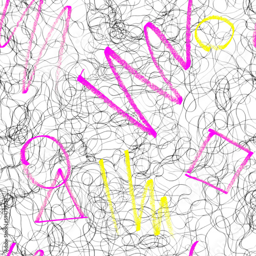 Hand-drawn seamless pattern with curly pencil and ink strokes. Chaotic scribbles. Yellow zigzag, pink triangles, circles, squares on a white background. For fabric, wallpaper, wrapping paper