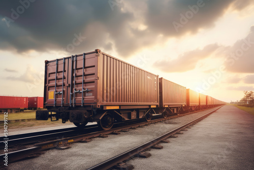 Freight car trailer with cargo container and freight train with cargo containers background, import export business logistic, Auto or automobile business commercial background concept